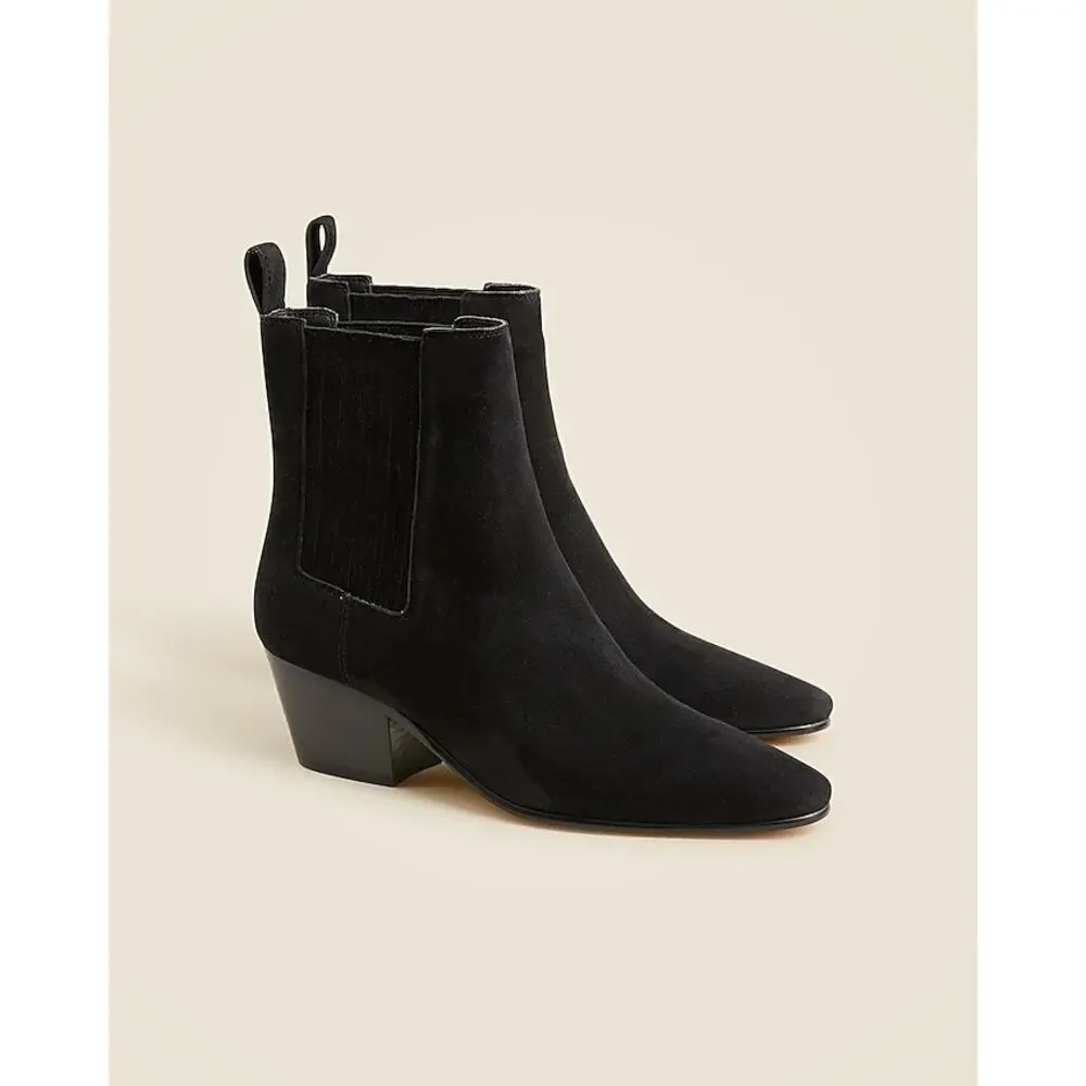 J. Crew Piper Ankle Classic Western Boots Pull-on in Suede Black Size 8 NWT